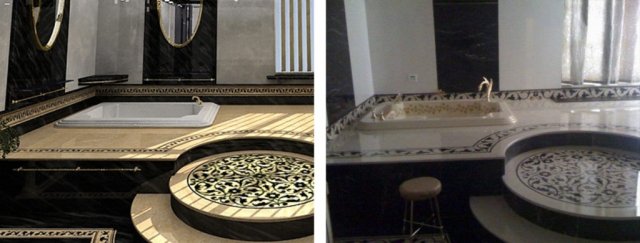 ЗD-макет ванной комнаты из переписки и фотография дома Кадырова в Центорое