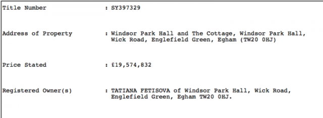 Фрагмент выписки из земельного кадастра с информацией о владельце поместья Winsdor Park Hall