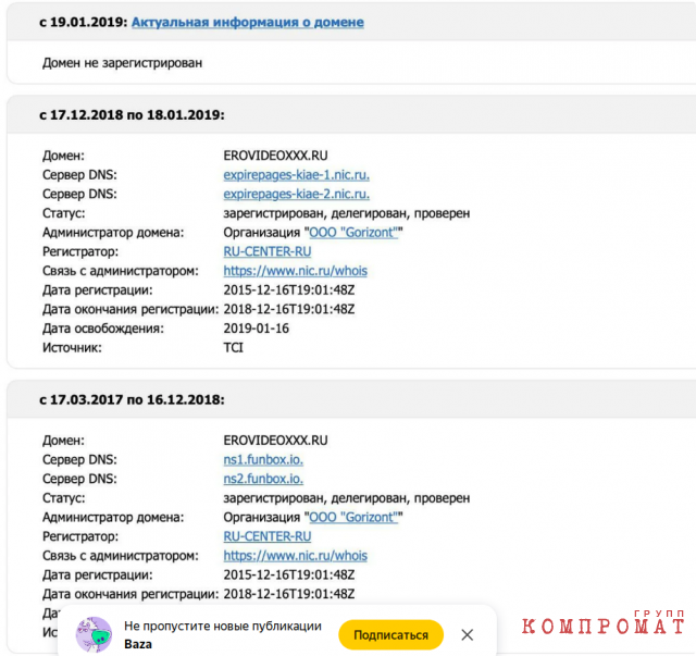 В марте 2017 года домен erovideoxxx.ru сменил владельца. Им стало ООО "Горизонт"