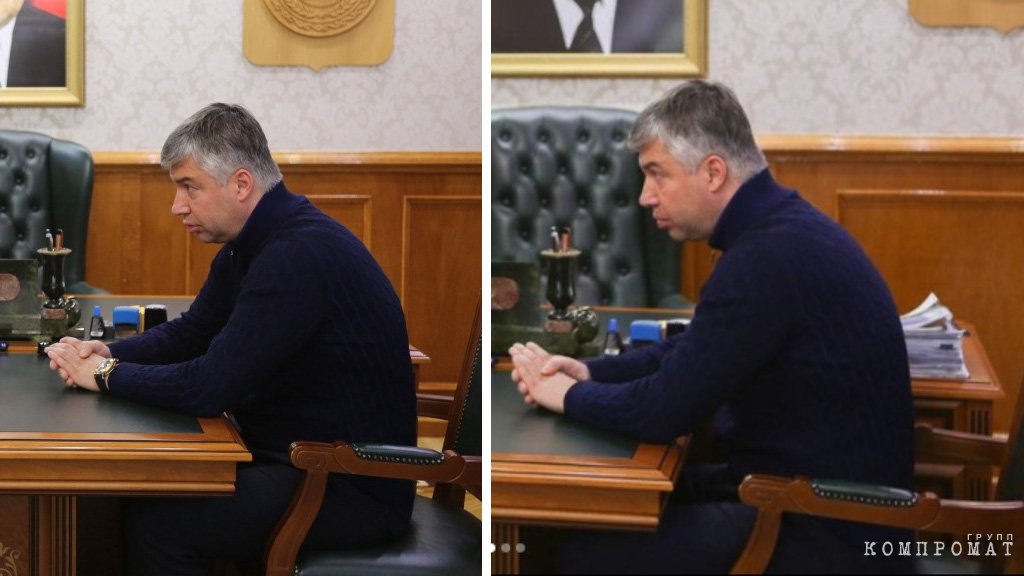 Слева фотография журналистов: часы есть. Справа отретушированный снимок в инстаграм-аккаунте Алексея Логвиненко: часов нет.