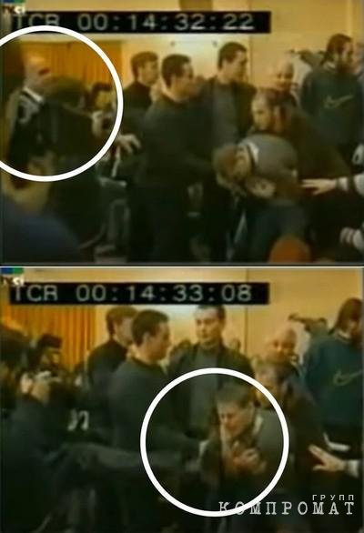 Никита Михалков бьет ногой по лицу задержанному "лимоновцу", только что бросившему в него яйцо