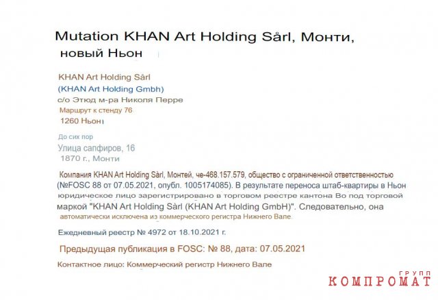 Данные об изменении адреса регистрации KHAN Art Holding Sàrl