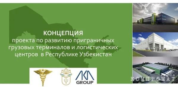 Слайд презентации, посвященной строительству новых таможенных терминалов в Узбекистане, на котором изображены логотипы таможенной службы, железнодорожной компании и подконтрольной Абдукадырам компании AKA